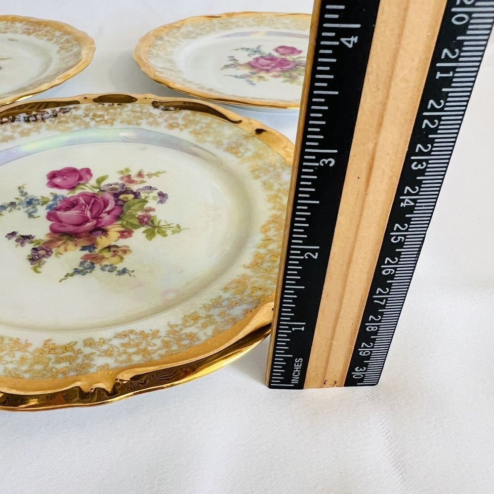 3 Antique Bavaria Heavily Gold Gild Luster Dessert Plates Pink Roses Flowers - Picture 9 of 9